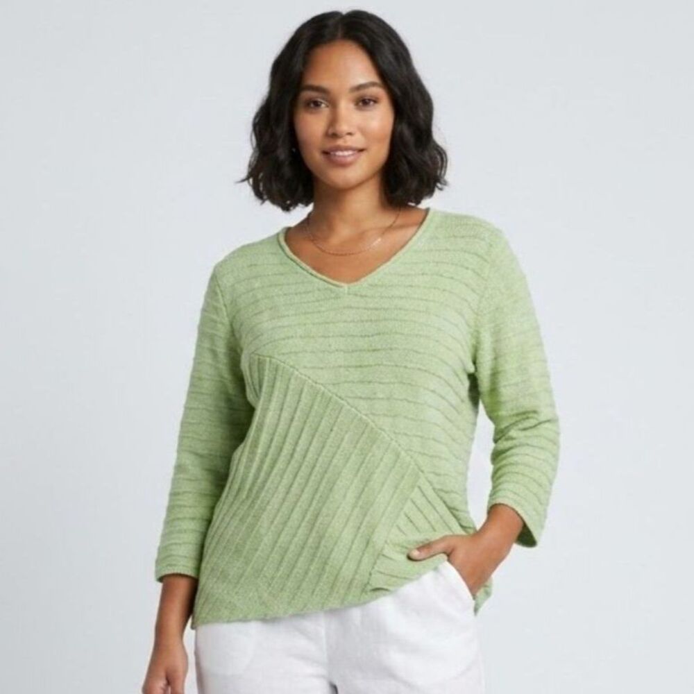 Habitat Ribbed Knit V-Neck Sweater Womens Size S Green Cotton Artsy Lagenlook